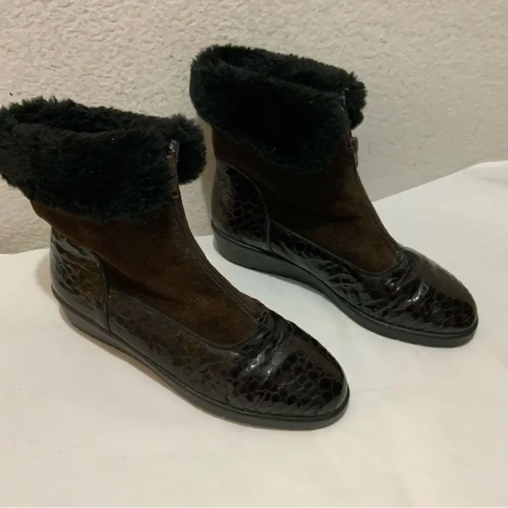 Rieker Brown Alligator Print Faux Fur Zip Up Boots Women's 5.5 UK / US 7.5